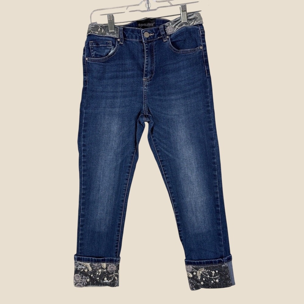 Frank Lyman Design Blue Denim Jeans Metallic Velvet Pearl Cuff Medium Wash M/M